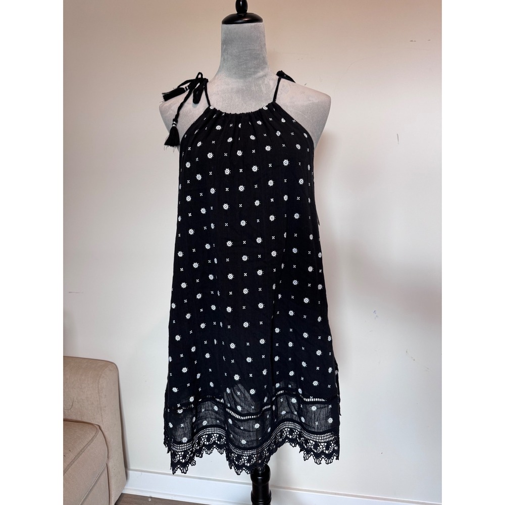 Old Navy Black Floral Halter Mini Dress Tassel Tie Shoulder Crochet Lace Small